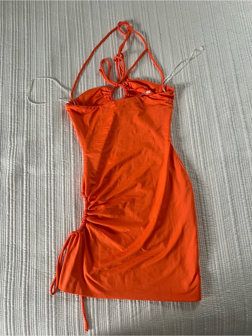 Strappy Orange Halter Mini Dress with Front Tie - Picture 6 of 7